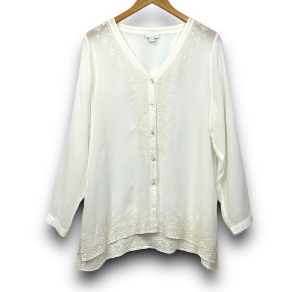 J Jill Cream Vneck Button Front Blouse Top Semi Sheer Embroidered Trim Medium - Picture 7 of 7